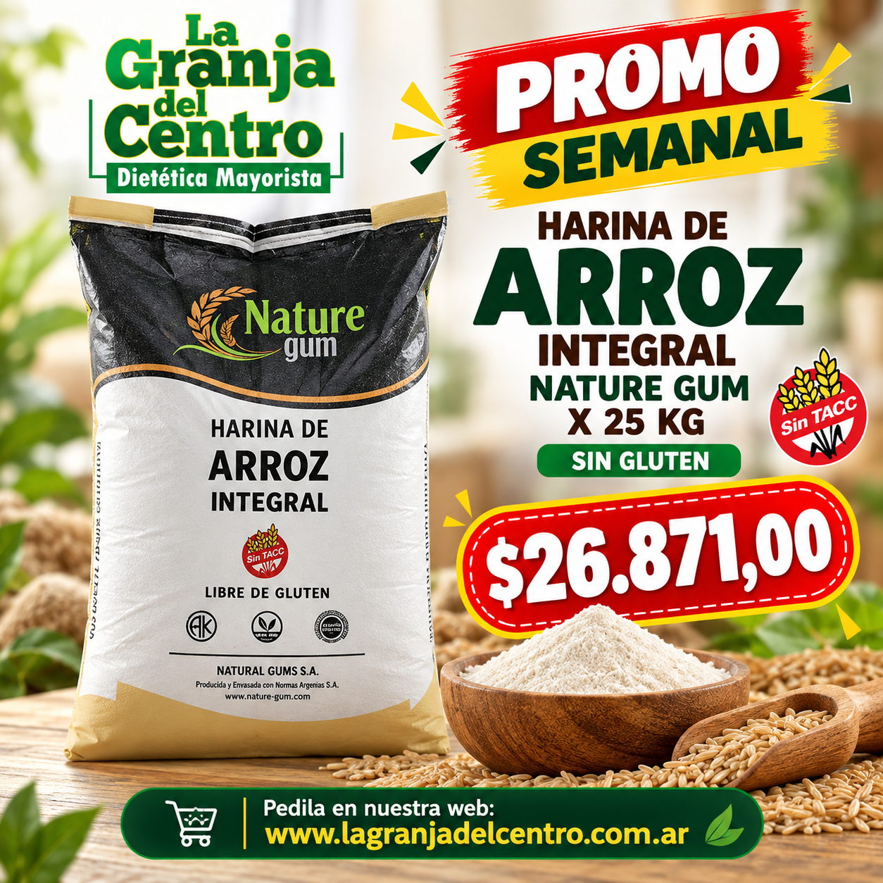 Ofertas y Promociones HARINA DE ARROZ INTEGRAL X 25 KG sin gluten PROMO SEMANAL
